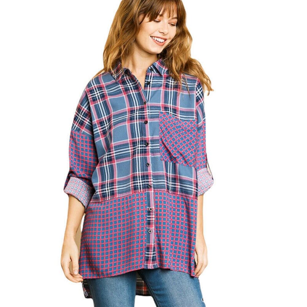 New Umgee Womans Sz Medium Shirt Plaid Button Up Top Tunic Button Front Blue NWT